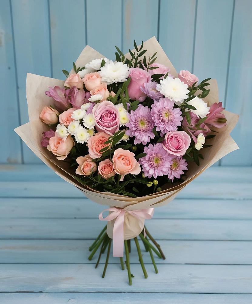 Букет цветов из: Хризантемы, Розы и Альстромерии в Пятницкое