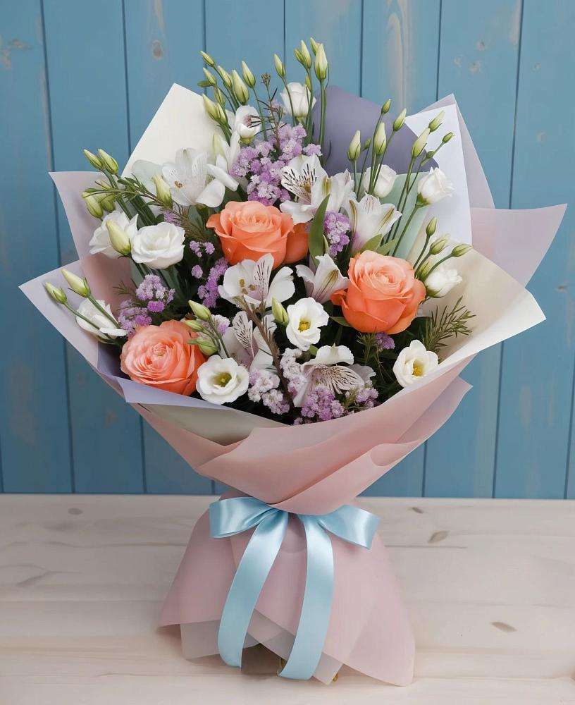 Букет цветов из: Лизиантусы, Розы, Альстромерии и Гипсофила в Пятницкое