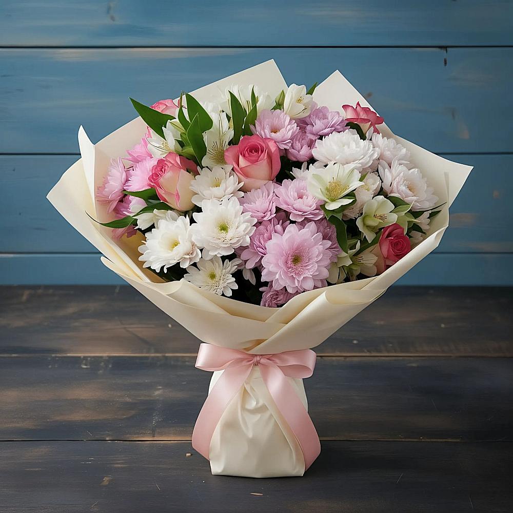 Букет цветов из: Хризантемы, Альстромерии и Розы в Пятницкое